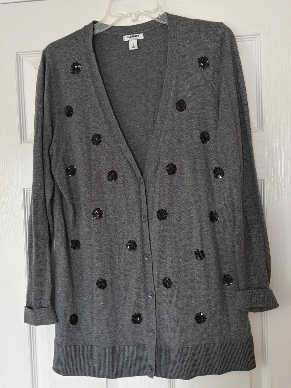 Old Navy Embellished Cardigan V-Neck Button Up Gray Size Large Black Sequins